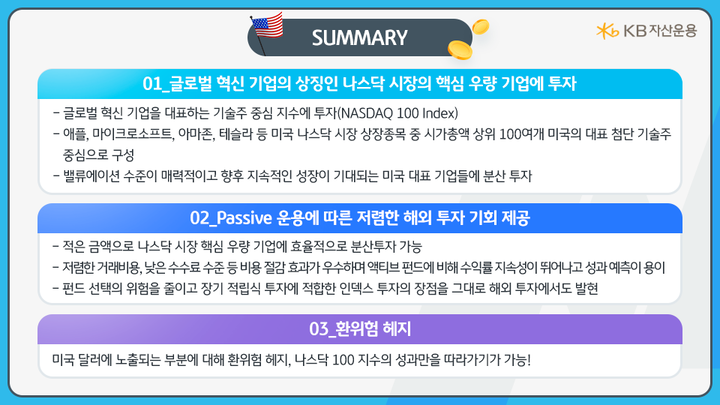 'kb스타 미국 나스닥100 인덱스(h)' 펀드의 주요 투자 포인트 핵심 요약.